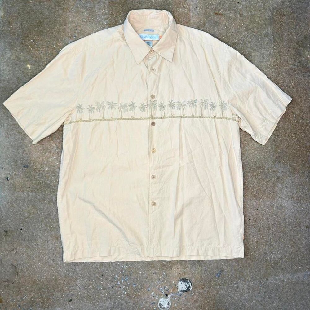 Quiksilver Edition Button Up Shirt Mens Medium Beige Palm Tree Embroidered Beach